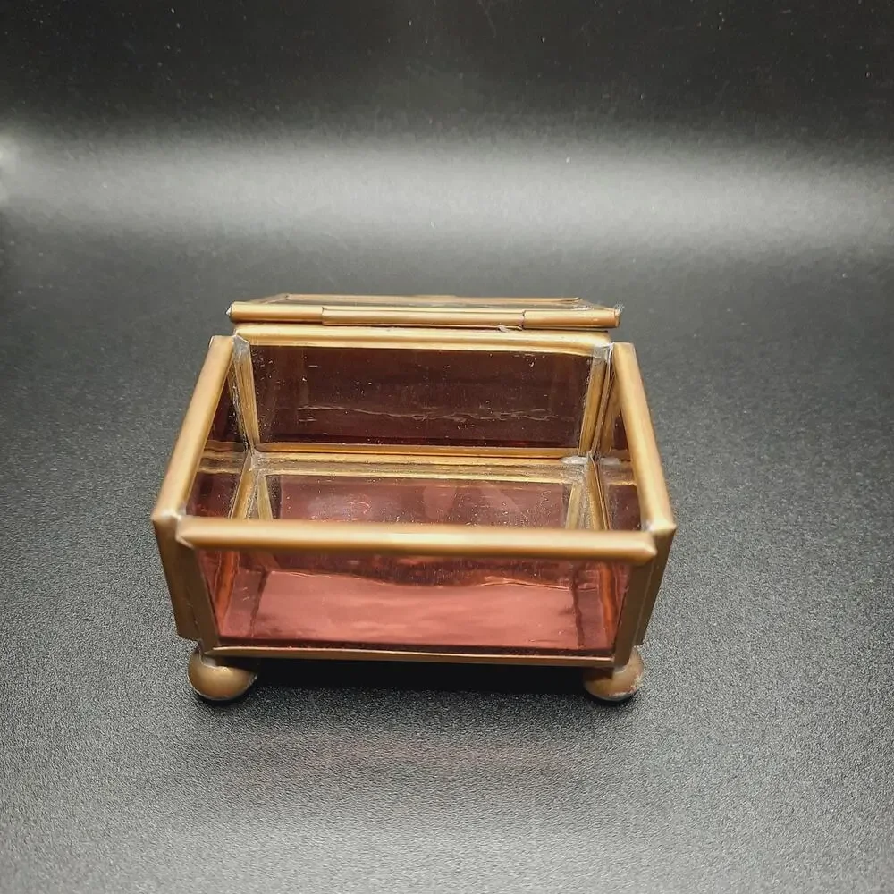 VTG Brass Glass Bird Trinket Box Pink Amethyst Slag Footed Hecho En Mexico